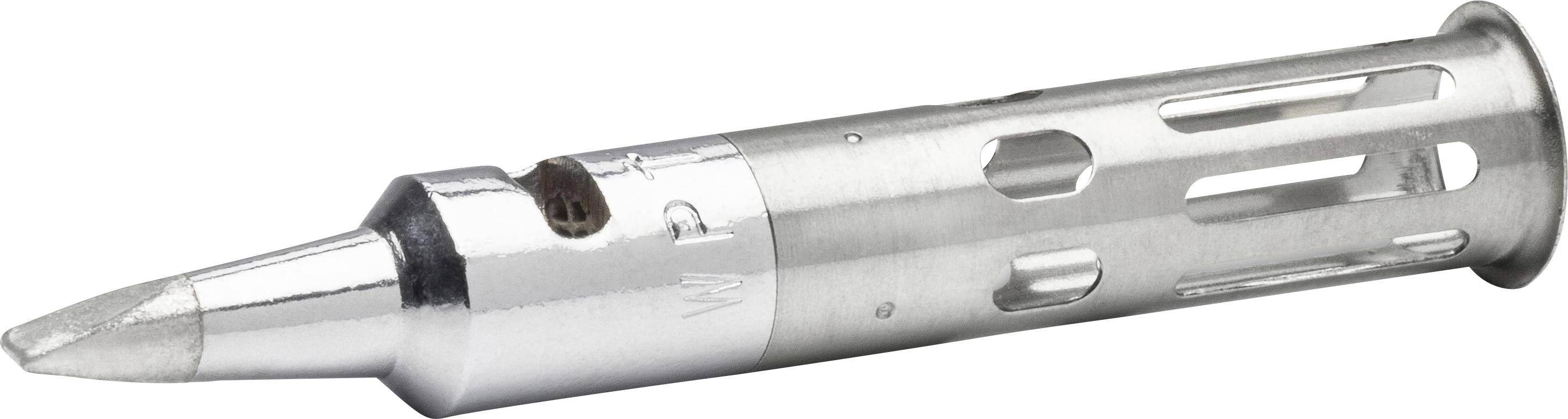 Een zilveren metalen soldeerbouttipverwarmingselement met een puntig conisch uiteinde en een gesloten cilindrisch lichaam op een witte achtergrond.