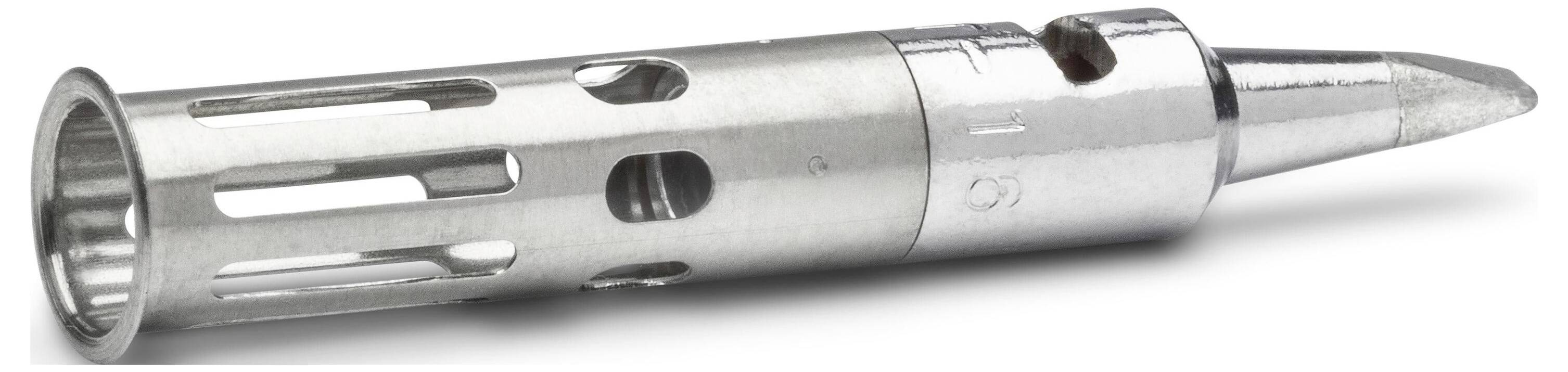 Close-up van een metalen mechanisch potloodneus met een cilindrische geperforeerde grip en conische potloodpunt.