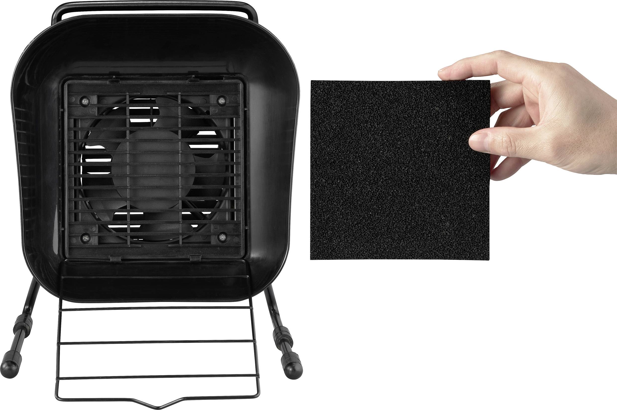 Een soldeerdampafzuiger met een ventilator, naast een hand die een verwisselbaar zwart filter vasthoudt.