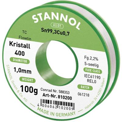 Stannol Ecology TC Soldeertin, loodvrij Spoel Sn99,3Cu0,7 REL0 100 g 1 mm