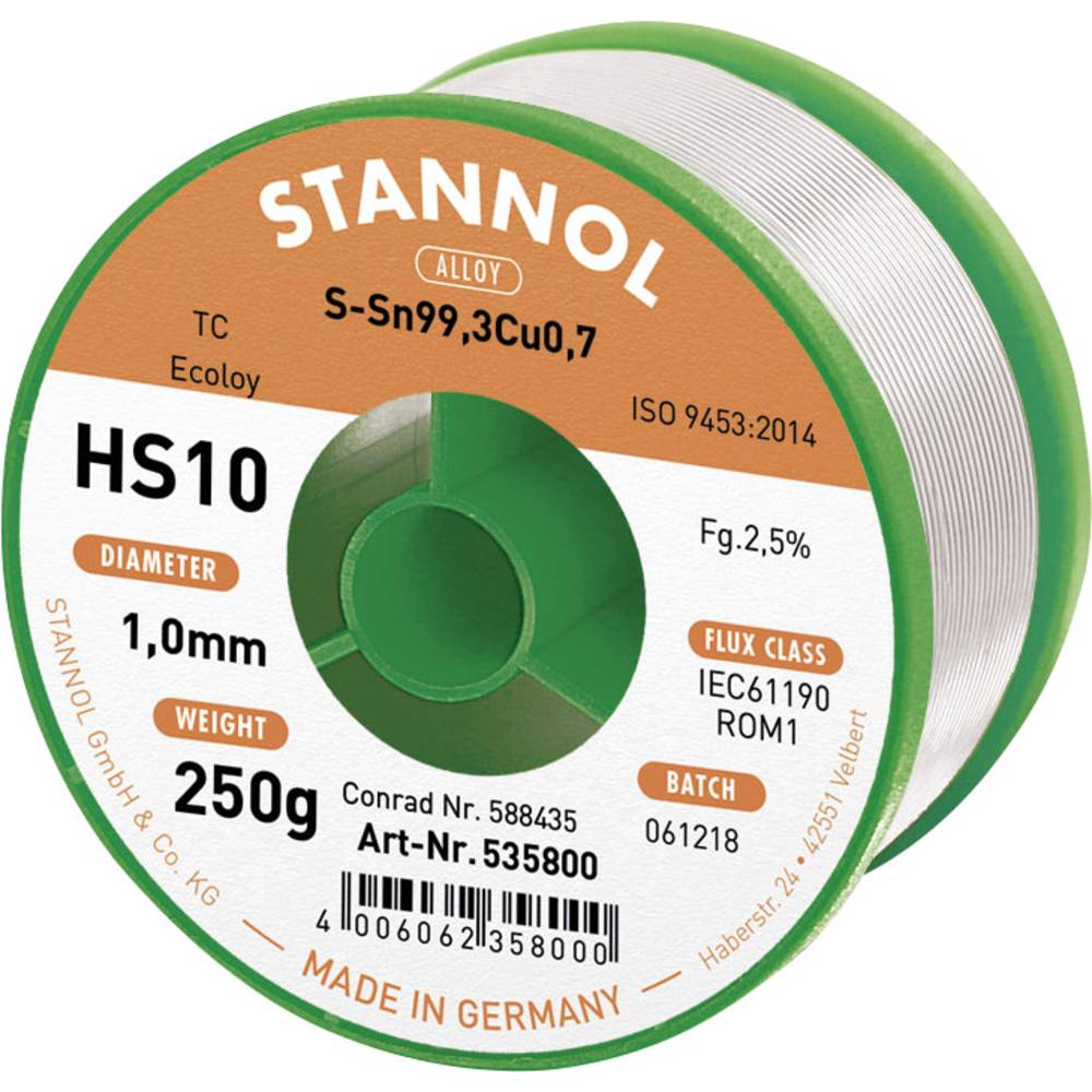 Stannol HS10 2510 Soldeertin, loodvrij Spoel Sn99,3Cu0,7 ROM1 250 g 1 mm