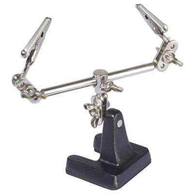 Een derde-handssoldeerapparaat met twee verstelbare klemmen aan flexibele steunen op een stabiele voet.