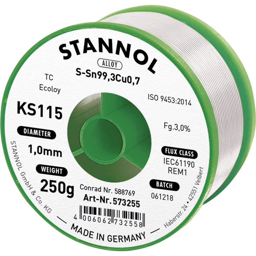 Stannol Ks115 Soldeertin Loodvrij Spoel Sn99.3Cu0.7 250 G 1.0 Mm