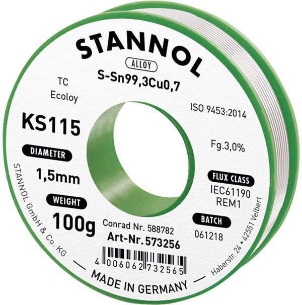 Stannol KS115 Soldeertin, loodvrij Spoel Sn99,3Cu0,7 ROM1 100 g 1.5 mm