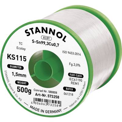 Stannol KS115 Soldeertin, loodvrij Spoel Sn99,3Cu0,7 ROM1 500 g 1.5 mm
