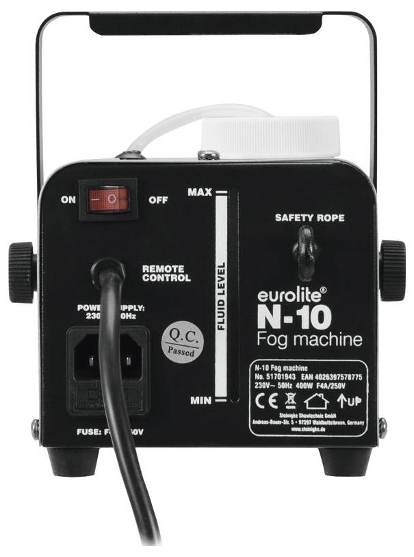 Achterzijde van een Eurolite N-10 rookmachine met schakelaar, veiligheidskabel, stroomaansluiting en vloeistofniveaumeter.