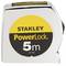 Zilver Stanley-meetlint met geel-zwarte 'PowerLock 5m' opdruk. Rechthoekige vorm met afgeronde hoeken en geïntegreerde waterpas.
