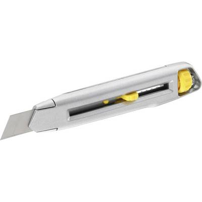 Zilver precisie-uitschuifmes met een intrekbare lemmet, gele verschuifbare greep voor lengte-instelling en ergonomisch ontwerp.