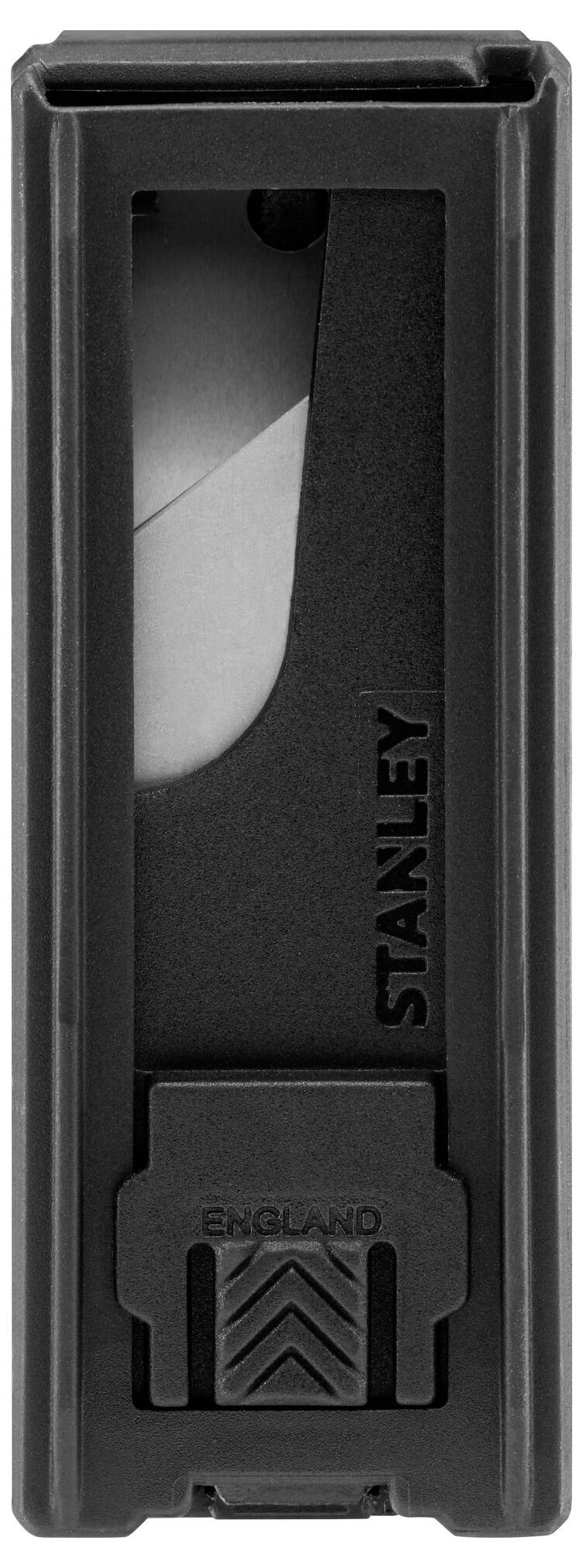 Zwarte meshouder met het 'STANLEY'-logo, een deel van de mes is zichtbaar.