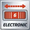 Een grijs vierkant met een rode schaal in het midden toont een waarde van '6'. Bovenaan een dubbele pijl, onderaan staat 'ELECTRONIC'.