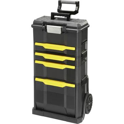 Een zwarte gereedschapskist met gele laden en wielen. Hij is groot, rechthoekig en heeft een bovenhandvat om hem te dragen.