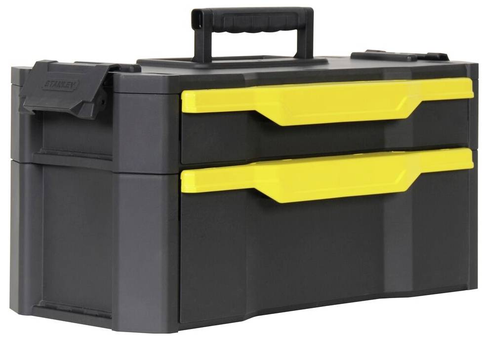 Zwarte gereedschapskoffer met twee gele handgrepen en een bovenhandvat. Ideaal voor opslag en transport van gereedschappen.