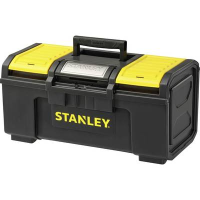 Zwarte gereedschapskist met gele details en handvat, merk 'STANLEY', uitstekend geschikt voor het opbergen en organiseren van gereedschappen.