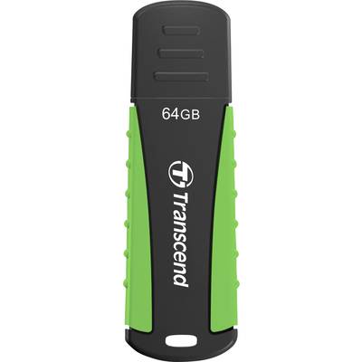 USB-stick met 64 GB capaciteit van het merk Transcend, zwart en groen van ontwerp, met een opvallend, gestructureerd uiterlijk.