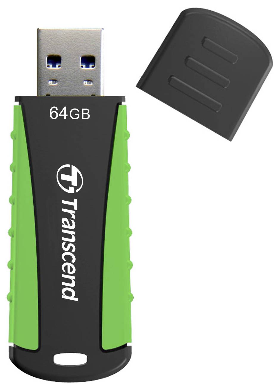 USB-stick van Transcend met 64 GB opslagcapaciteit, groen en zwart design, beschermkap verwijderd.