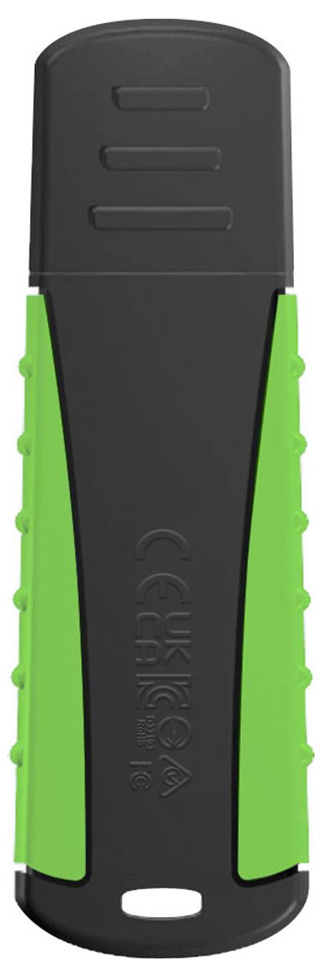 Een zwarte USB-stick met groene accenten, verticaal geplaatst.