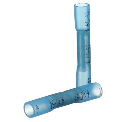 Twee blauwe aansluitklemmen voor elektrische kabels, cilindrisch van vorm en transparant, met markeringen en afmetingsaanduidingen.