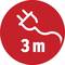 Een rode cirkel met een wit stekker-symbool en de aanduiding '3 m', die een kabellengte van drie meter aangeeft.