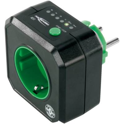 Zwarte en groene stopcontacten met LED-indicatoren en grote toets. Energiemeter voor het bewaken van het stroomverbruik.