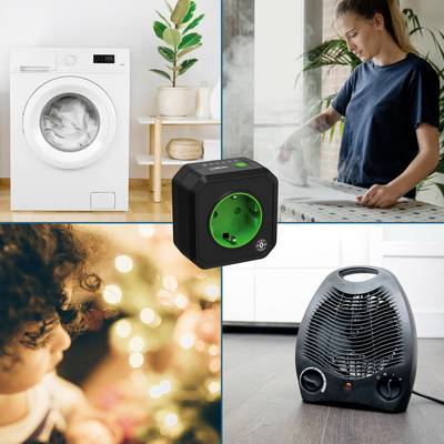 'Collectie van vier afbeeldingen: Een wasmachine, een zwarte stopcontact, een persoon die aan het strijken is en een kind bij kerstverlichting.'