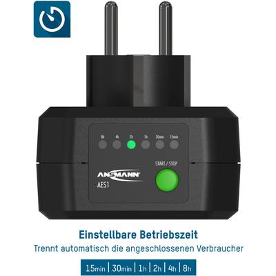 'Instelbare bedrijfstijd: Schakelt automatisch aangesloten apparaten uit. Tijden: 15 min, 30 min, 1 u, 2 u, 4 u, 8 u.'