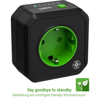 'Zwarte stekker met groene binnenring en knop. Tekst: Zeg vaarwel tegen stand-by. Vermijding van onnodig stand-by stroomverbruik.'