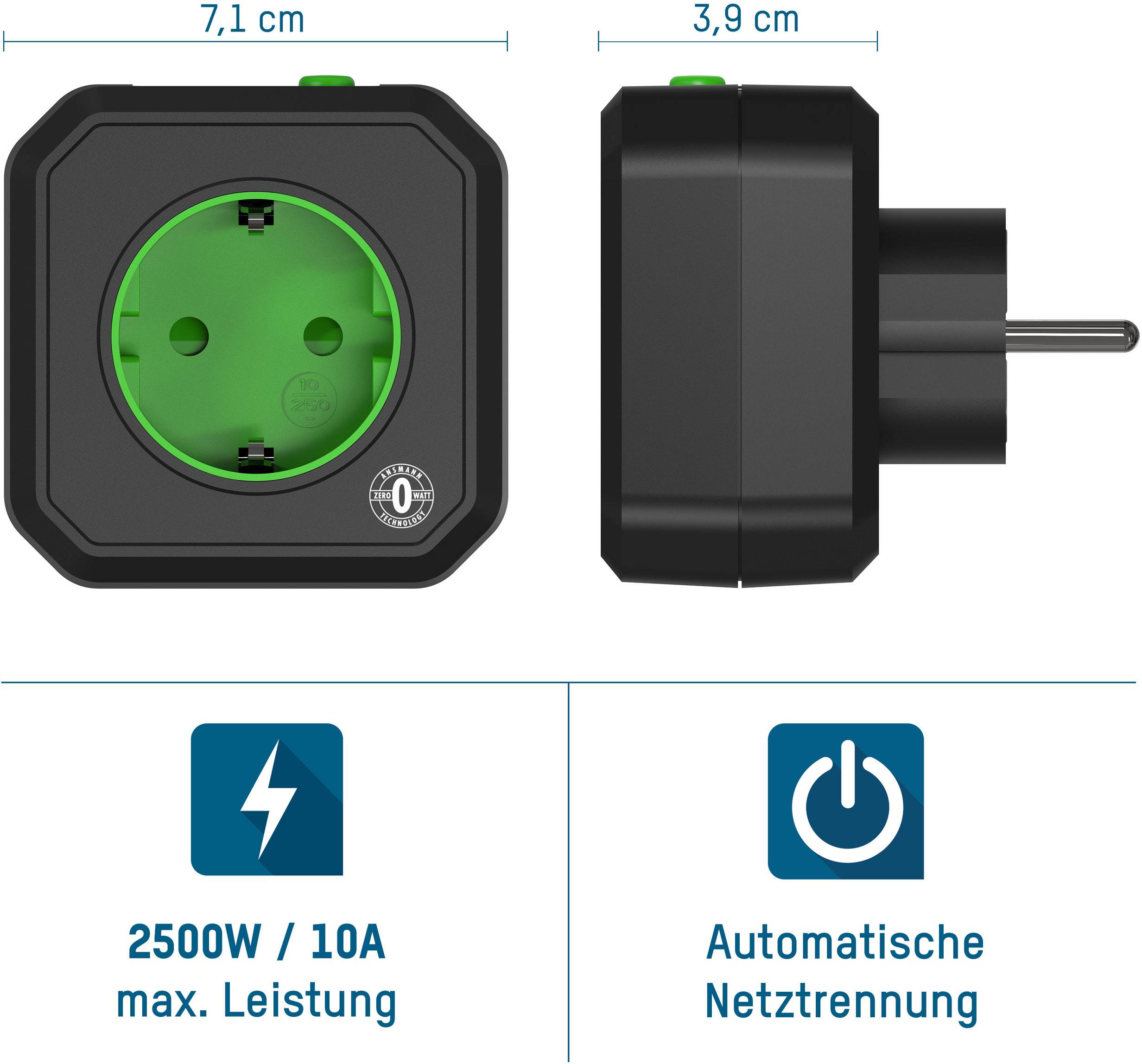 Een zwarte, vierkante stopcontact met groene binnenkant, zijaanzicht toont een dikte van 3,9 cm. Tekst: '2500W/10A max. vermogen' en 'Automatische netscheiding'.