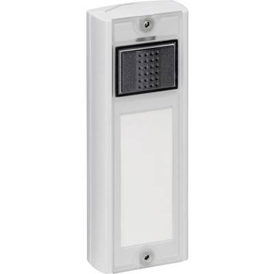 Witte deurbel met een grijze knop en daaronder een rechthoekig naamplaatje.
