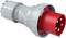Industriële stekker met rode kop en grijs behuizing, drie pinnen zichtbaar. Gebruikt in hoogspanningsomgevingen voor betrouwbare verbindingen.