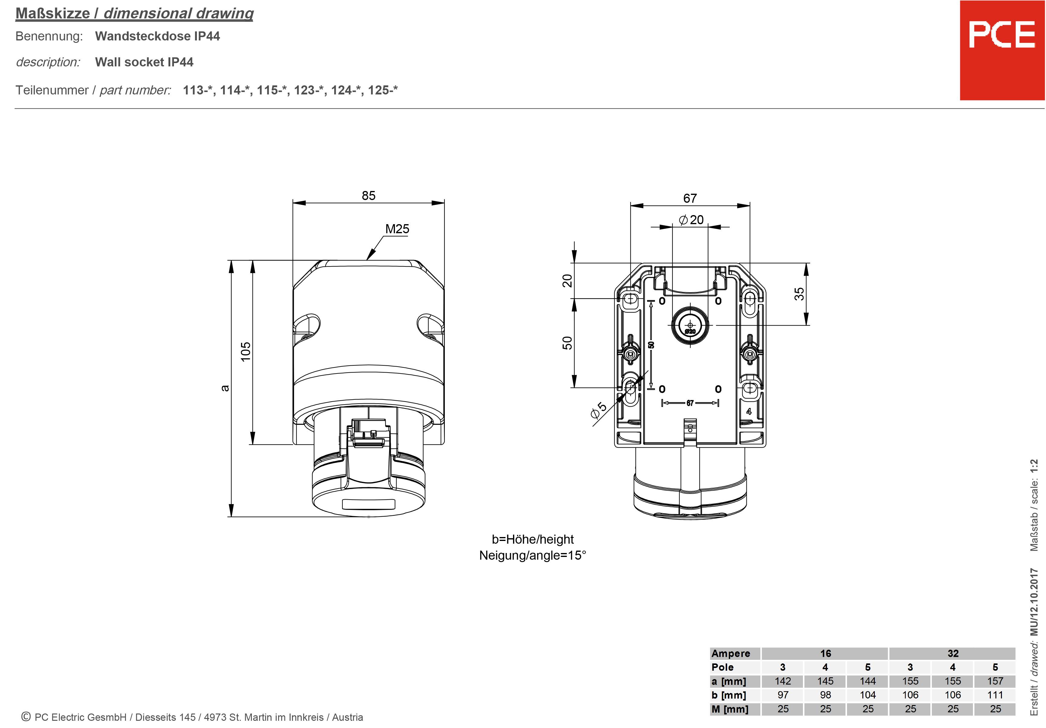 Technische tekening van een wandcontactdoos IP44 met afmetingen: hoogte 125 mm, breedte 85 mm. Details van schroefpositie en hellingshoek.
