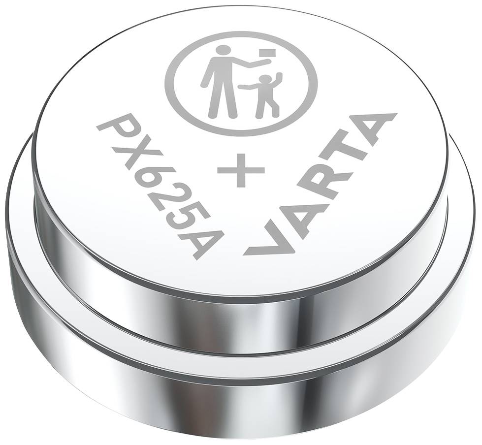 Zilveren knoopcelbatterij met opschrift 'PX625A' en 'VARTA'. Symbool voor niet inslikken van kleine onderdelen.