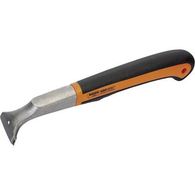 Een oranje en zwarte schraper met metalen lemmet, geschikt voor het verwijderen van verf of lijm van oppervlakken.