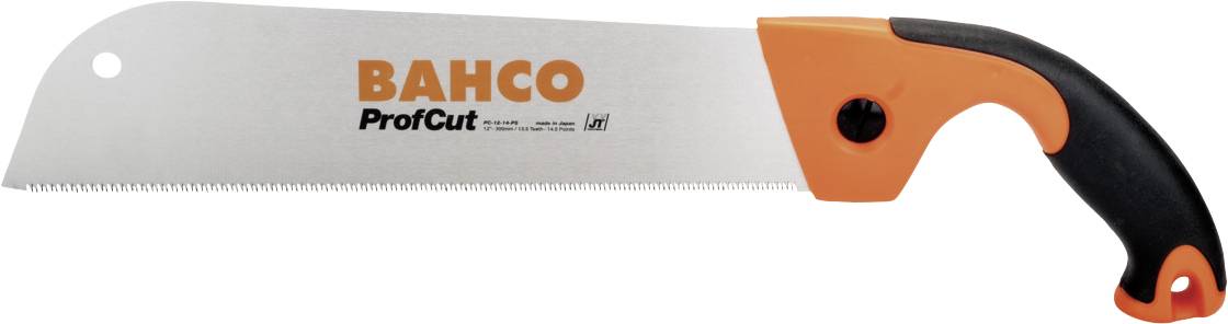 Een handzaag met een oranje handvat en een zwarte punt. Op het zaagblad staat 'BAHCO ProfCut'.