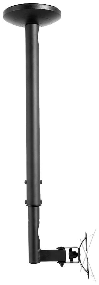 Een zwarte projectorhouder met lange plafondarm, verstelbare onderdelen en bevestigingsmogelijkheden voor plafondmontage.