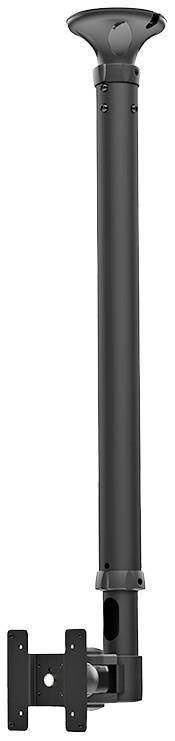 Een zwarte plafondsteun met een lange, verstelbare arm, geschikt voor het bevestigen van projectoren of monitoren.