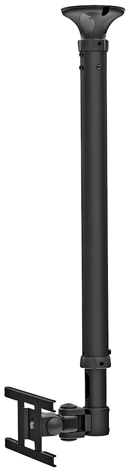 Een zwarte, verstelbare plafondsteun voor projectoren, met een telescopische arm voor hoogteaanpassing en een bevestigingskop onderaan.