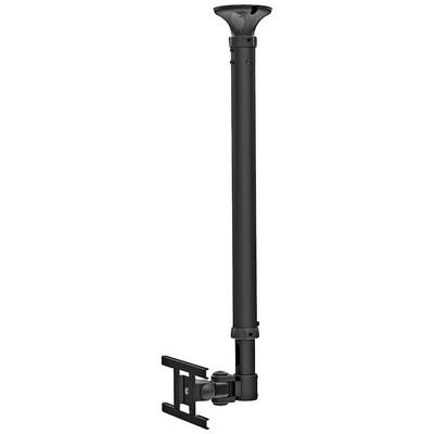 Een zwarte, verstelbare plafondsteun voor projectoren, met een telescopische arm voor hoogteaanpassing en een bevestigingskop onderaan.