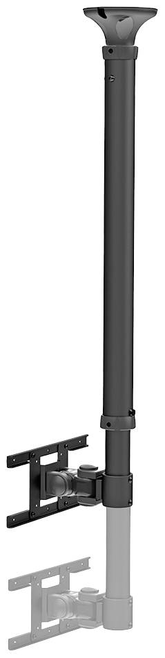 Een metalen steun voor televisies of monitors met verstelbare arm en plafondbevestiging. Ideaal voor flexibele schermpositionering.