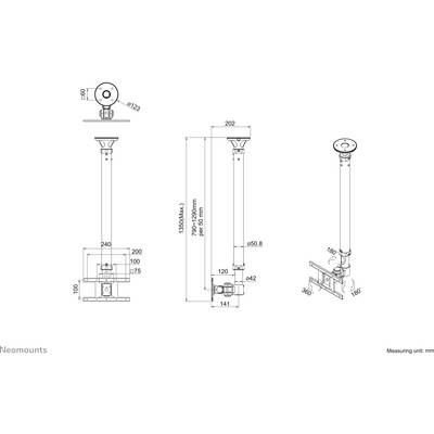 'Technische tekening van een plafondbevestiging met afmetingen: hoogte tot 1500 mm, assenafstand 202 mm, variabele hellingshoek en rotatie.'