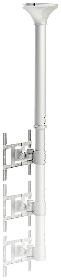Een lange, witte metalen staaf met verstelbare houders langs de schacht, die blijkbaar bedoeld is om aan het plafond te worden bevestigd.