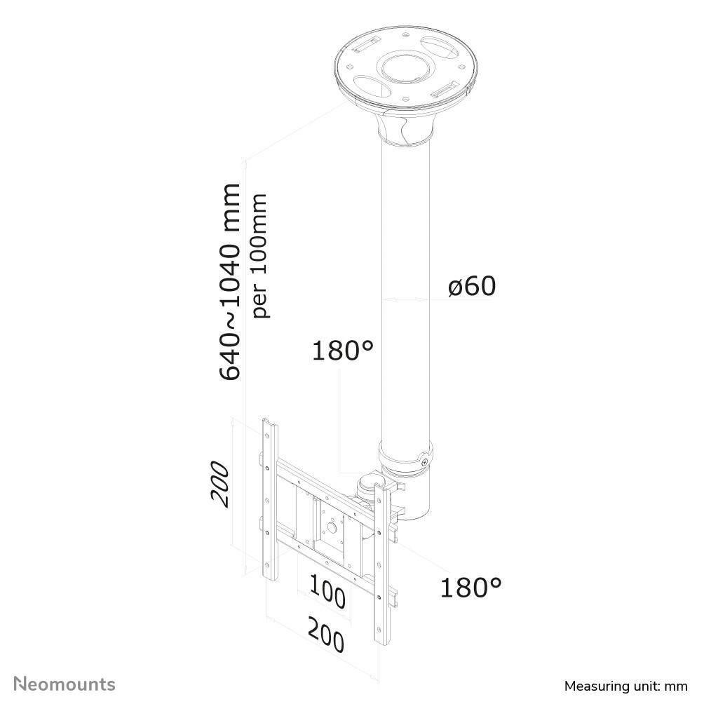 'Diagram van een plafondsteunarm, instelbare hoogte 640-1040 mm, diameter 60 mm, kanteling 180°, eenheden in mm.'