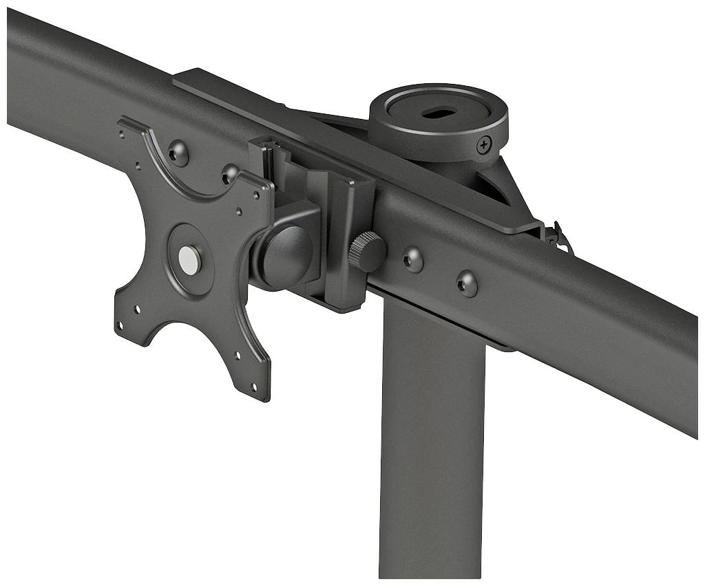 Metalen monitorstandaard voor bureau, zwart, toont basis en bevestigbare VESA-montageplaat voor het bevestigen van een beeldscherm.