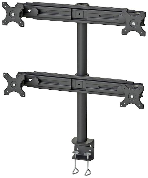 Zwarte, verticale monitorstandaard met twee rails en klem voor bevestiging aan een tafel of bureau.