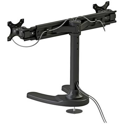 Een zwarte, dubbele monitorarm van metaal met kabelgeleiding, geschikt voor het bevestigen van twee monitoren in een kantoor- of werkomgeving.