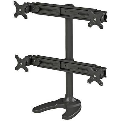 'Zwarte dual-monitorstandaard met verticale houders, stabiele basis en verstelbare armen voor een flexibele schermopstelling.'