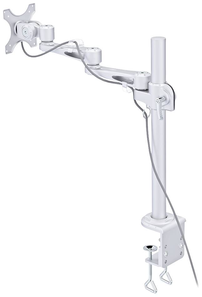 Een verstelbare monitorarm van metaal met kabelmanagement, te monteren aan een tafel. Geschikt voor ergonomische schermpositionering.