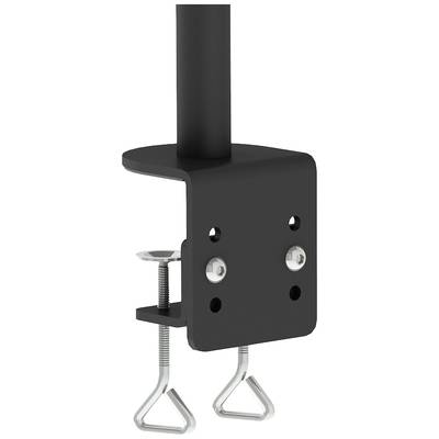 Zwarte tafelklem voor het bevestigen van een object aan de tafelrand, met twee metalen schroeven voor een veilige montage.