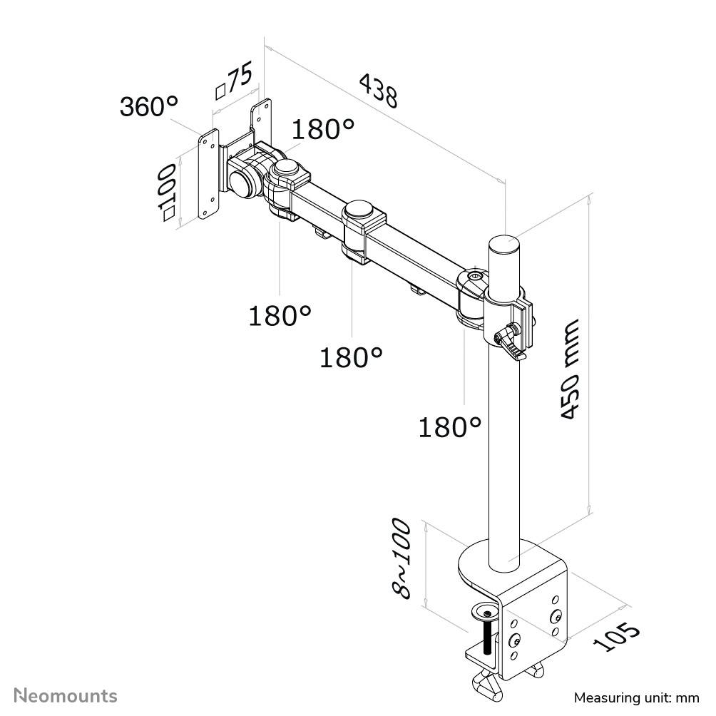 'Technische tekening van een monitorstandaard met nauwkeurige afmetingen in millimeters en gegevens over rotatiehoeken van de gewrichten, inclusief 360°, 180° en variabele hoogteaanpassingen.'