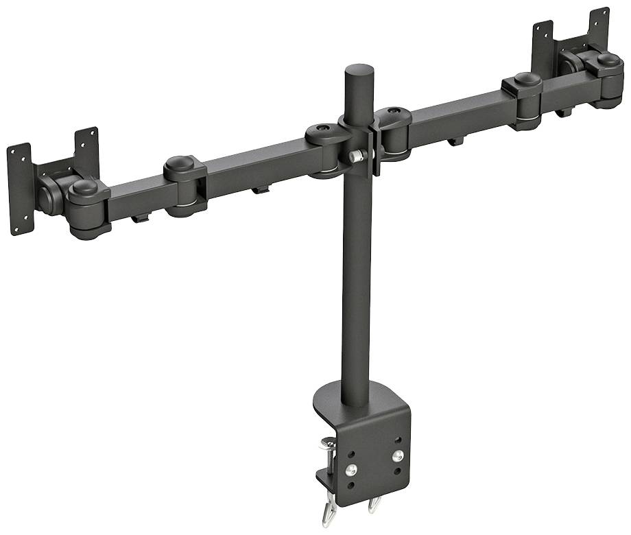 Een zwarte monitorarm met drie bevestigingspunten, gemonteerd aan een verticale stang met tafelklem, geschikt voor kantooromgevingen.