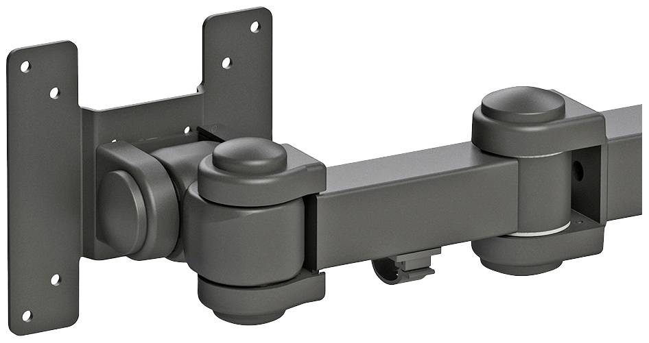 Zwarte tv-wandbeugel met scharnierende armen en wandplaat, geschikt voor flexibele positionering van een flatscreen televisie.